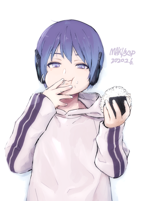 1girl alternate_costume cheek_bulge chewing commentary_request dated eating expressionless food food_on_face full_mouth half-closed_eyes hand_to_own_mouth hands_up hood hood_down hoodie long_sleeves looking_at_viewer maki_(nasulily) onigiri purple_hair rice rice_on_face robot_ears signature simple_background solo upper_body utane_uta utau vertical-striped_sleeves violet_eyes wavy_mouth white_background white_hoodie