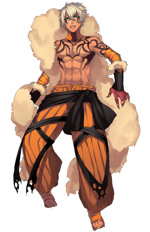 1boy abs arcanine black_eyes brown_nails chest_tattoo fingerless_gloves fingernails full_body gloves katagiri_hachigou male_focus nail_polish open_mouth orange_pants pants personification pokemon red_gloves sharp_fingernails simple_background solo tattoo teeth topless_male upper_teeth_only white_background white_hair