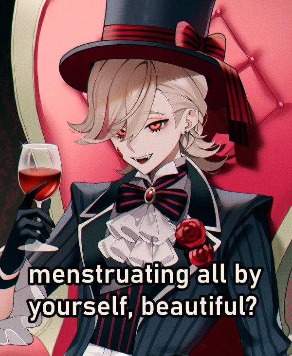 alcohol alternate_costume bow bowtie cup drinking_glass english_text fang flower genshin_impact grey_hair hat lyney_(genshin_impact) meme nana_illust on_chair red_eyes red_flower red_rose rose short_hair sitting top_hat vampire wine wine_glass