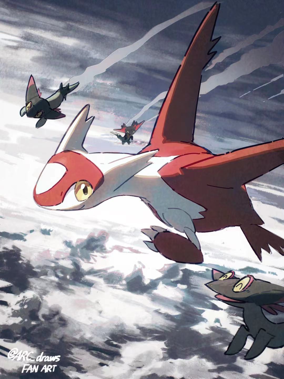 ^_^ arc_draws claws closed_eyes closed_mouth clouds dragon dreepy flying highres latias no_humans outdoors pokemon pokemon_(creature) sky smile yellow_eyes