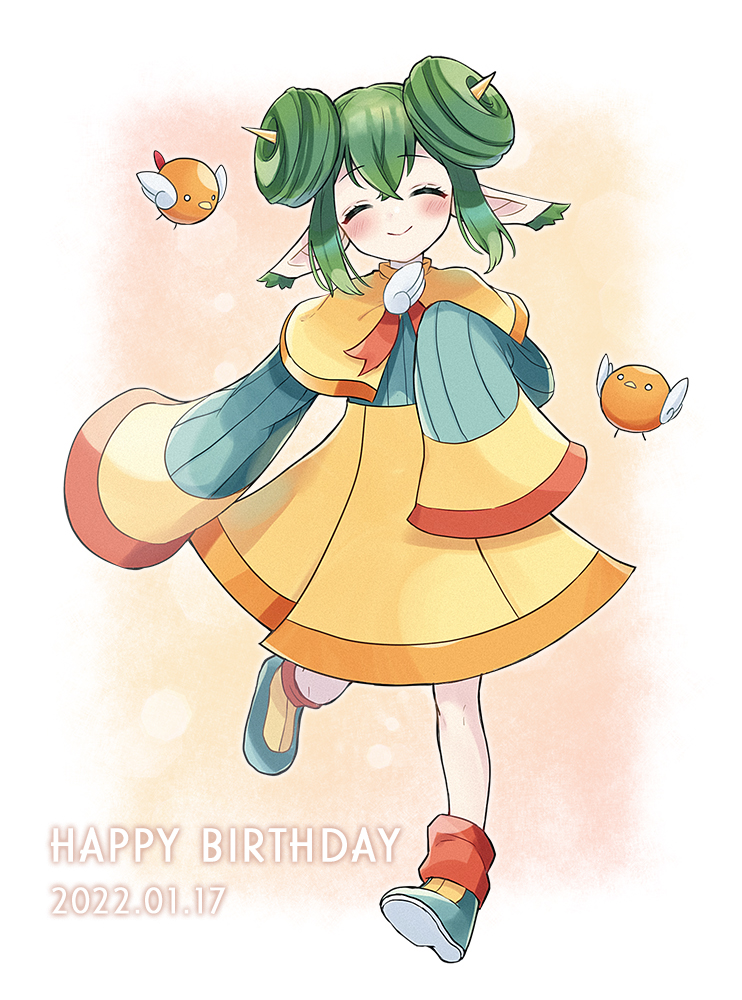 1girl bird blue_footwear blush capelet closed_eyes closed_mouth dated double_bun facing_viewer full_body green_hair green_sweater hair_between_eyes hair_bun happy happy_birthday kashima_miyako lidelle_(puyopuyo) orange_capelet orange_skirt pointy_ears puyopuyo puyopuyo_fever skirt sleeves_past_fingers sleeves_past_wrists smile solo sweater wing_ornament
