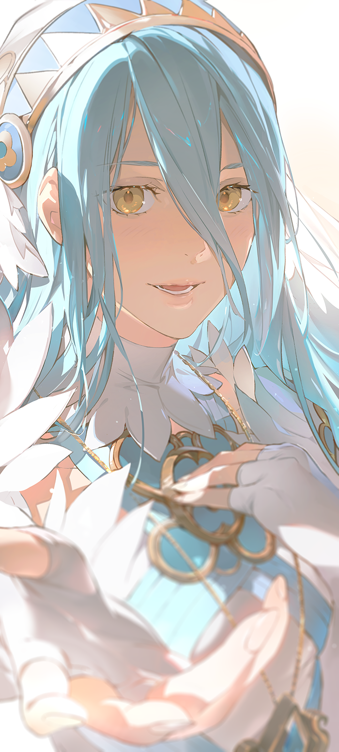 1girl azura_(fire_emblem) blue_hair blurry dress eyeshadow fingerless_gloves fingernails fire_emblem fire_emblem_fates gloves hair_between_eyes headdress highres jewelry korean_commentary lips long_hair looking_at_viewer lower_teeth_only makeup nose open_mouth simple_background smile solo teeth uoongpig upper_body white_dress white_gloves yellow_eyes
