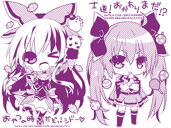 2girls armor armored_dress bow candy chibi comiket_84 date_a_live food hair_bow halftone hand_up ice_cream ice_cream_cone itsuka_kotori jacket long_hair monochrome multiple_girls one_eye_closed open_mouth takamura_masaya tongue tongue_out twintails yatogami_tooka