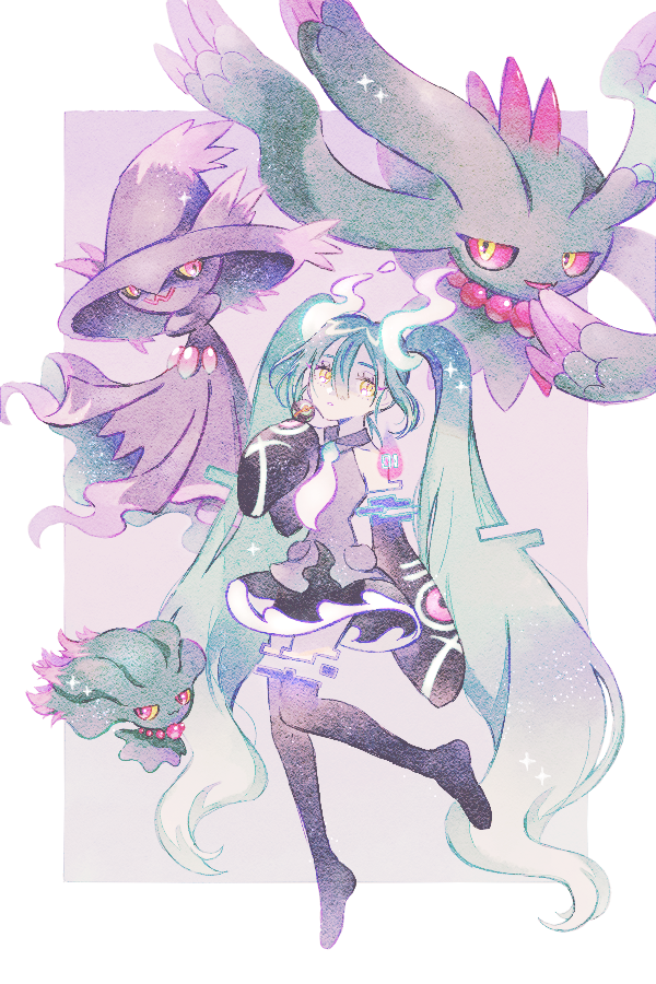 1girl aqua_hair black_thighhighs detached_sleeves flutter_mane ghost ghost_miku_(project_voltage) glitch gradient_hair grey_shirt hatsune_miku long_hair misdreavus mismagius multicolored_hair necktie pale_skin pokemon pokemon_(creature) project_voltage ryokuno_green see-through see-through_skirt shirt skirt sleeves_past_fingers sleeves_past_wrists thigh-highs twintails very_long_hair vocaloid will-o'-the-wisp_(mythology) yellow_eyes