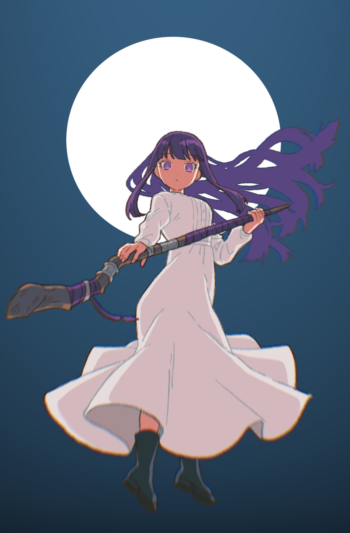 1girl black_footwear boots breasts closed_mouth commentary dot_nose dou_(mame_eee) dress fern fern_(sousou_no_frieren) floating_hair flying from_below full_moon highres holding holding_staff holding_stick large_breasts long_hair long_sleeves looking_at_viewer moon night night_sky purple_hair sky solo sousou_no_frieren staff stick violet_eyes white_dress