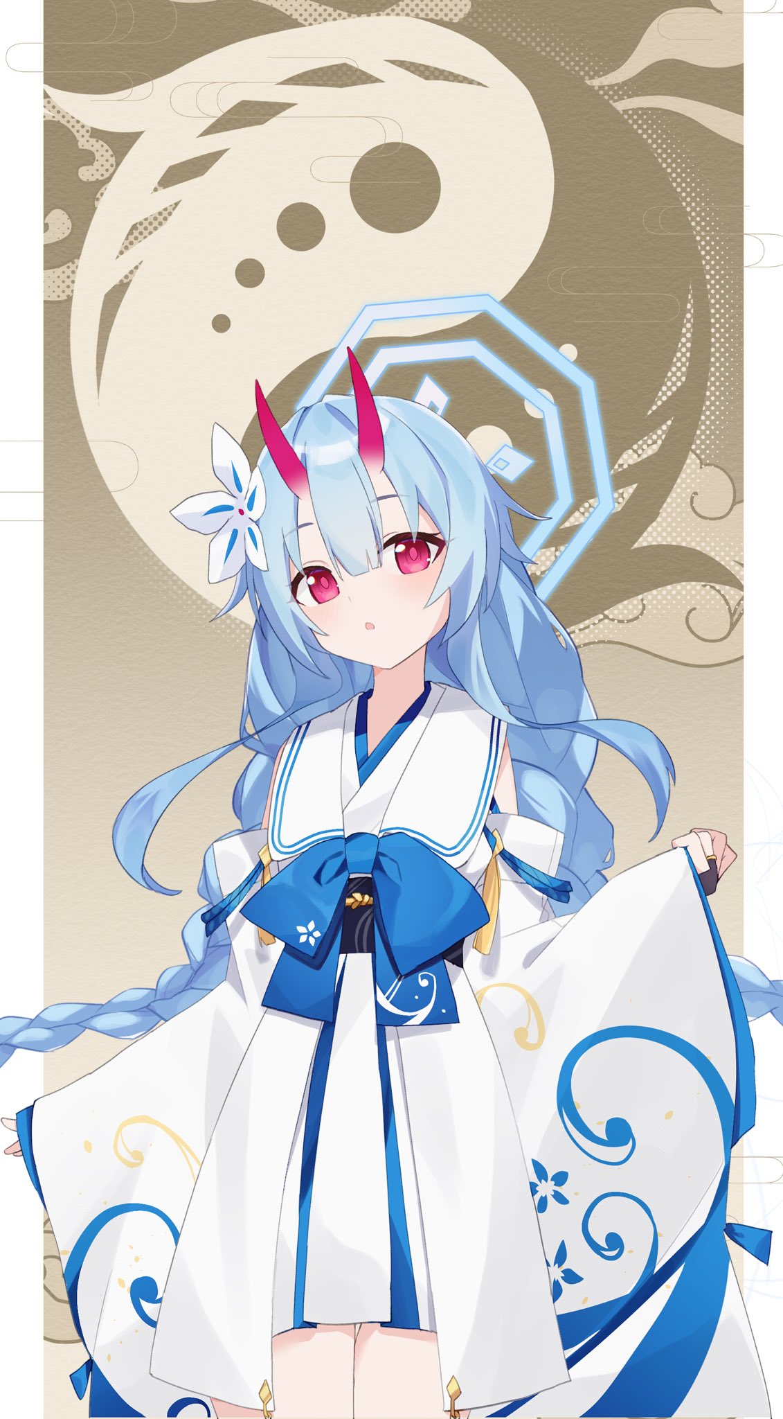 1girl :o blue_archive blue_bow blue_hair blue_halo blue_trim border bow braid chise_(blue_archive) commentary_request detached_sleeves egasumi hair_between_eyes halo hand_up highres horns japanese_clothes kimono long_hair looking_at_viewer low_twin_braids nekohantenneko obi obijime oni oni_horns print_kimono red_eyes red_horns sailor_collar sash short_kimono skin-covered_horns sleeves_past_wrists solo twin_braids very_long_hair white_border white_kimono white_sailor_collar wide_sleeves yin_yang