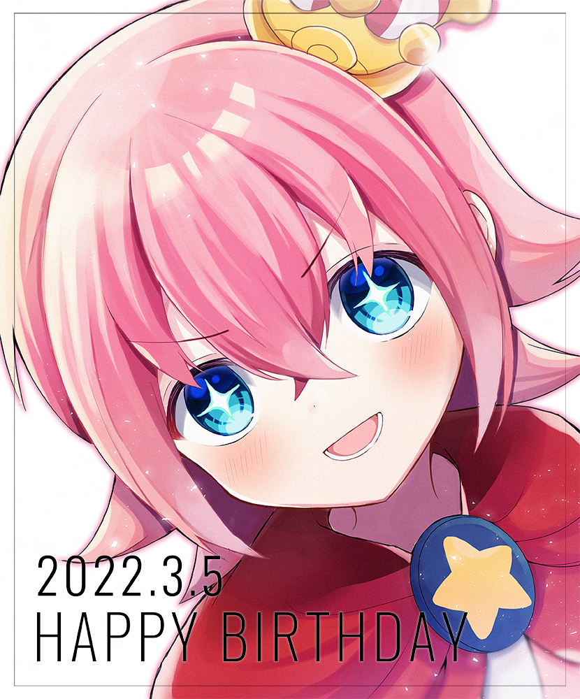 1boy bishounen blue_eyes blush cape cross-shaped_pupils crown dated dot_nose hair_between_eyes happy_birthday kashima_miyako lower_teeth_only male_focus mini_crown ocean_prince open_mouth pink_hair portrait puyopuyo puyopuyo_fever red_cape salde_canarl_shellbrick_iii short_hair simple_background solo symbol-shaped_pupils teeth