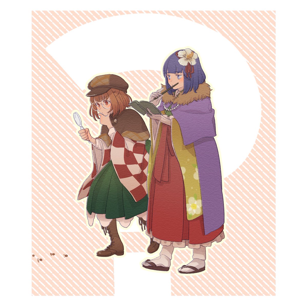 2girls ? agatha_chris_q_outfit_(touhou) book boots brown_capelet brown_footwear cabbie_hat capelet checkered_clothes checkered_kimono commentary_request detective flip-flops flower fur_trim gloves green_skirt hair_flower hair_ornament hand_on_own_chin hat hieda_no_akyuu highres holding holding_book holding_magnifying_glass japanese_clothes kimono magnifying_glass motoori_kosuzu multiple_girls open_book orange_hair purple_capelet purple_hair red_eyes red_skirt sandals short_hair skirt socks stroking_own_chin thinking touhou violet_eyes white_flower white_gloves white_socks yellow_kimono yokujitsu