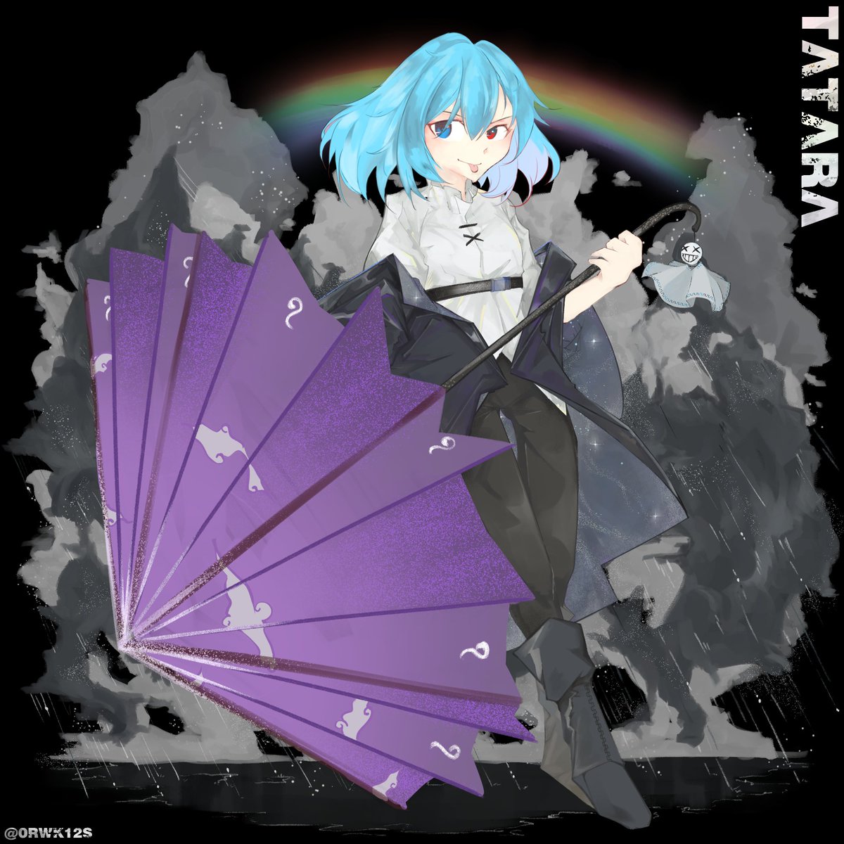 0rwk12s 1girl black_background blue_eyes blue_hair boots character_name commentary full_body heterochromia highres holding holding_umbrella looking_at_viewer purple_umbrella rainbow red_eyes shirt simple_background solo tatara_kogasa tongue tongue_out touhou twitter_username umbrella white_shirt