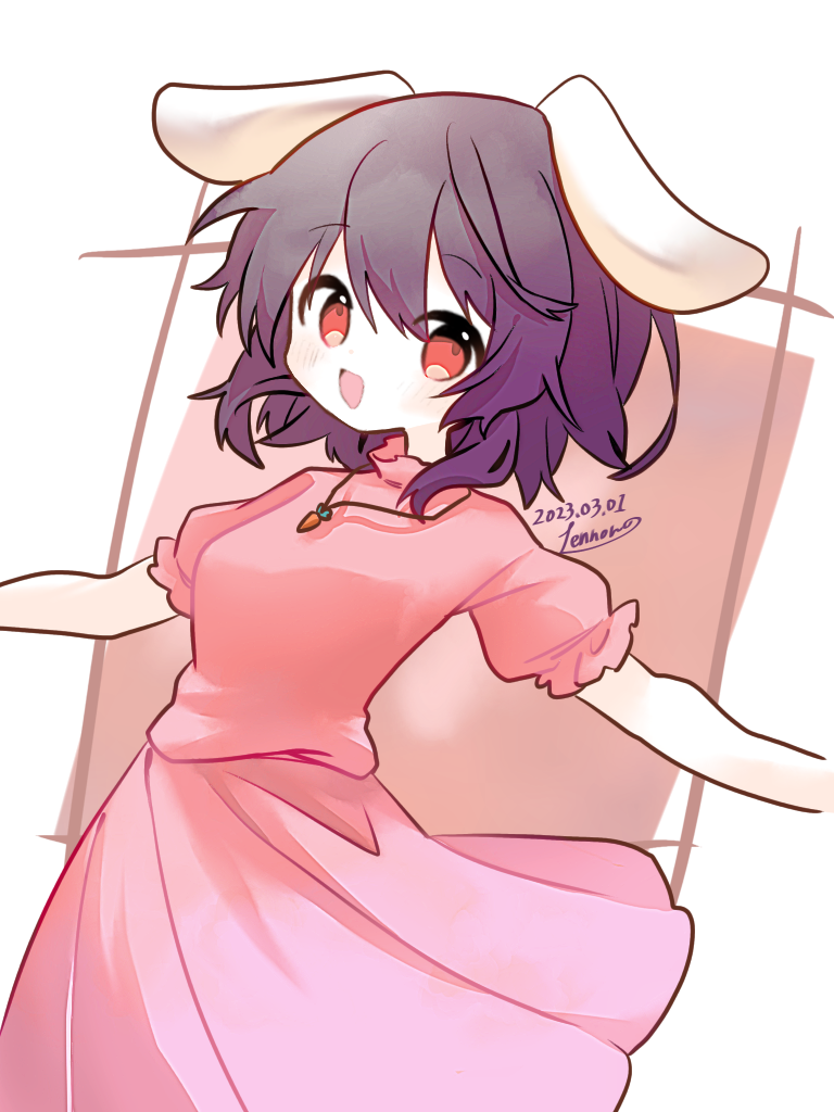 1girl :d animal_ears arms_up black_hair breasts carrot_necklace commentary_request cowboy_shot dress floppy_ears hair_between_eyes happy inaba_tewi jewelry lennonrine light_blush looking_at_viewer necklace open_mouth outstretched_arms petite pink_dress rabbit_ears red_eyes short_hair simple_background small_breasts smile solo touhou white_background