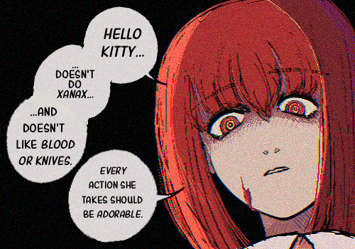 1girl black_background blood blood_on_face chainsaw_man commentary dako_(starrysea) derivative_work english_commentary english_text hair_between_eyes hello_kitty long_hair looking_at_viewer looking_down lowres makima_(chainsaw_man) manga_panel_redraw meme parted_lips red_eyes redhead sanrio simple_background solo speech_bubble upper_body