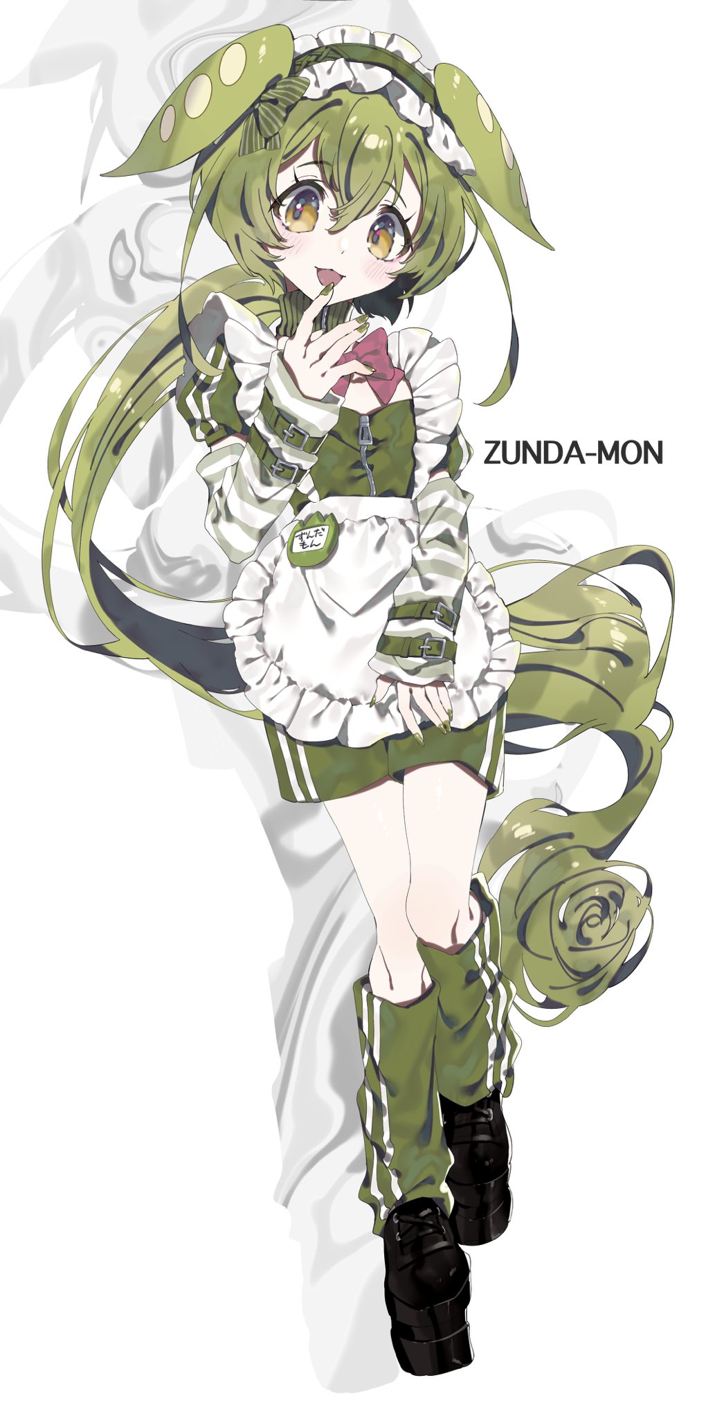 1girl alternate_costume apron black_footwear blush boots bow commentary_request detached_sleeves full_body green_hair green_nails green_shorts hair_between_eyes hair_bow hand_up highres jersey_maid kneehighs long_hair looking_to_the_side loose_socks low_ponytail maid maid_apron maid_headdress nail_polish name_tag obligation_gimu open_mouth partially_unzipped platform_boots platform_footwear ponytail puffy_short_sleeves puffy_sleeves red_bow short_sleeves shorts socks solo strap striped_sleeves unconventional_maid very_long_hair voicevox white_apron white_background yellow_eyes zipper zipper_pull_tab zundamon