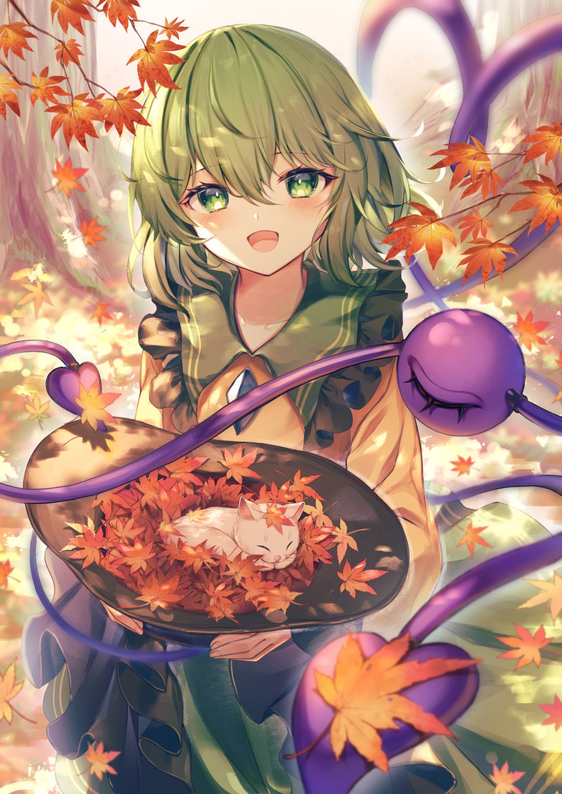 1girl animal autumn autumn_leaves black_headwear blush buttons cat collared_shirt commentary diamond_button frilled_shirt_collar frilled_sleeves frills green_eyes green_hair green_skirt hair_between_eyes hat heart heart_of_string highres holding holding_clothes holding_hat komeiji_koishi leaf long_hair long_sleeves looking_at_viewer maple_leaf open_mouth sekisei_(superego51) shirt skirt smile solo third_eye touhou unworn_hat unworn_headwear wide_sleeves yellow_shirt
