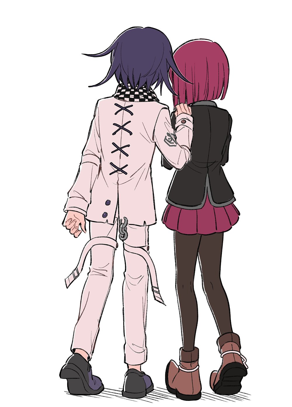 1boy 1girl arm_at_side black_footwear brown_footwear brown_pantyhose checkered_clothes checkered_scarf danganronpa_(series) danganronpa_v3:_killing_harmony from_behind grey_jacket grey_pants hand_on_another's_shoulder hand_up highres jacket long_sleeves medium_hair miniskirt no_headwear oma_kokichi pants pantyhose pleated_skirt purple_footwear purple_hair red_skirt redhead scarf shoes short_hair simple_background skirt standing white_background xiao_(grsnss25) yumeno_himiko