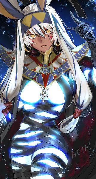 1girl animal_ears bandages black_bandages dark-skinned_female dark_skin fate/grand_order fate_(series) glowing glowing_skin jackal_ears long_hair looking_at_viewer nitocris_alter_(fate) nitocris_alter_(first_ascension)_(fate) nonono_nagata solo thick_thighs thighs upper_body white_hair yellow_eyes