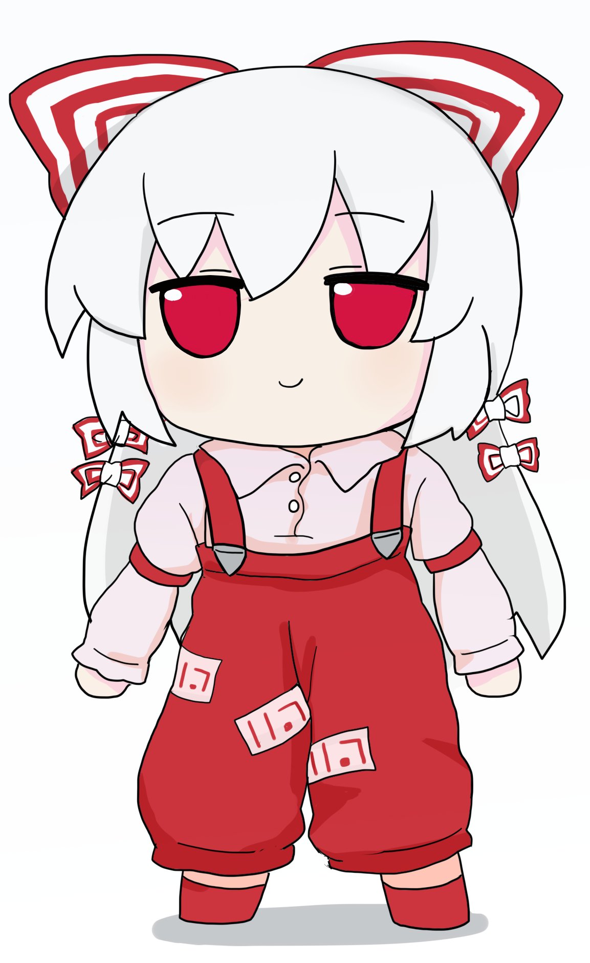 1girl baggy_pants bow buttons collared_shirt fujiwara_no_mokou fumo_(doll) hair_bow highres hime_cut long_hair long_sleeves ofuda ofuda_on_clothes pants red_eyes red_footwear red_pants rei_(tonbo0430) shirt shoes sidelocks simple_background sleeve_garter solo suspenders touhou very_long_hair white_background white_bow white_hair white_shirt