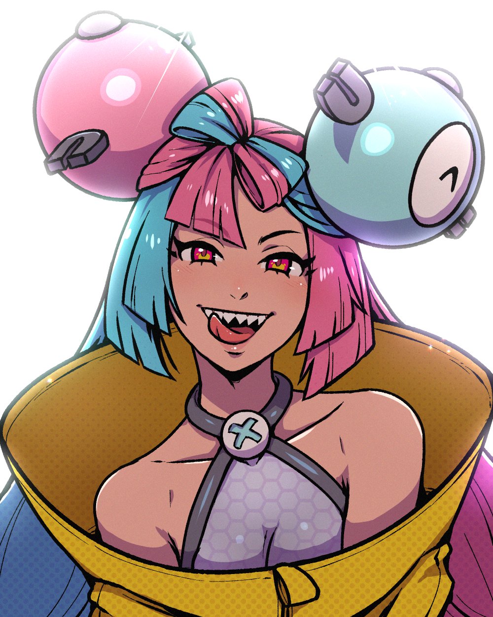 1girl akairiot backlighting blue_hair bow-shaped_hair breasts character_hair_ornament commentary hair_ornament halterneck hexagon_print highres iono_(pokemon) licking_lips long_hair looking_at_viewer magnemite multicolored_hair oversized_clothes pink_eyes pink_hair pokemon pokemon_(game) pokemon_sv sharp_teeth small_breasts solo split-color_hair symbol-only_commentary teeth tongue tongue_out twintails two-tone_hair upper_body upper_teeth_only very_long_hair white_background