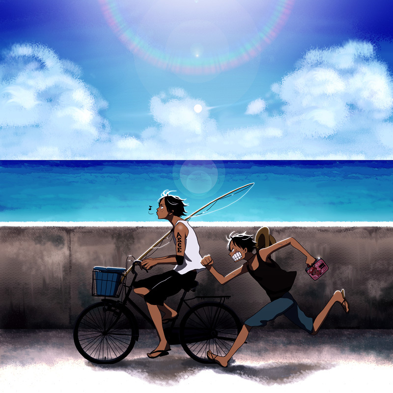 bag bicycle bicycle_fund black_hair brothers clouds fishing_hook freckles guys hat hook lunchbox male monkey_d_luffy ocean one_piece portgas_d_ace running scar short_hair siblings sunny sweat tattoo teeth tony_tony_chopper wall