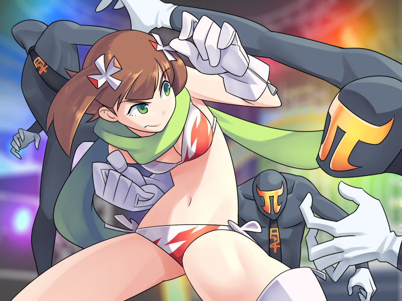 battle bikini boots brown_hair fighting gloves green_eyes group_battle idolmaster open_mouth sat scarf solo swimsuit