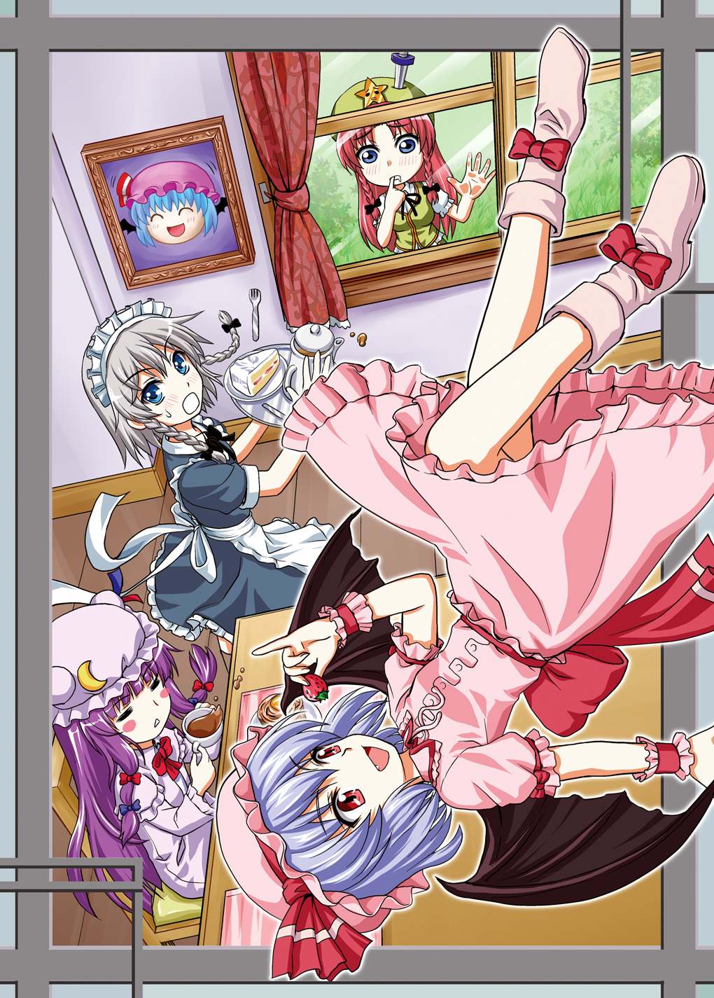 :d :o against_glass bat_wings blue_eyes blue_hair blush book braid cake china_dress chinese_clothes closed_eyes crescent crescent_moon food fork fruit hat highres hong_meiling izayoi_sakuya knife knifed kouno_iku long_hair maid maid_headdress open_mouth patchouli_knowledge pinky_out purple_eyes purple_hair red_eyes red_hair redhead remilia_scarlet short_hair silver_hair smile strawberry touhou twin_braids violet_eyes window wings yukkuri_shiteitte_ne