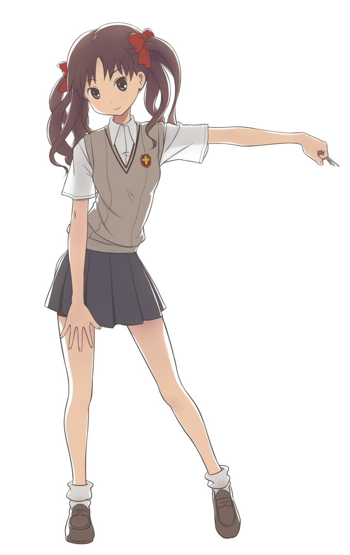 brown_eyes brown_hair head_tilt legs nail nails pose school_uniform shirai_kuroko silhouette simple_background smile solo sweater_vest to_aru_kagaku_no_railgun to_aru_majutsu_no_index twintails wood_k