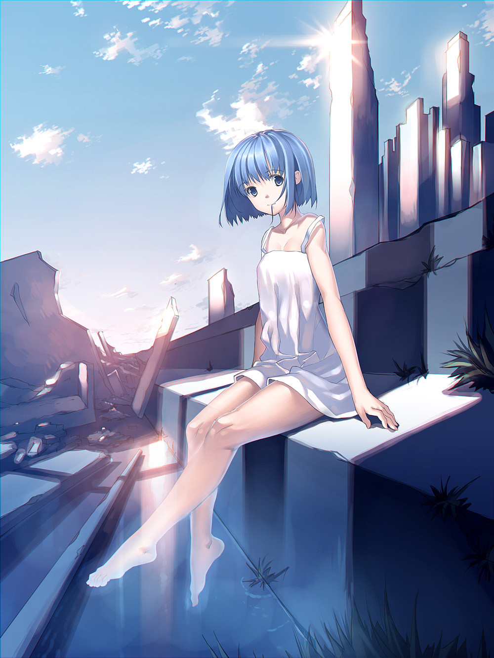 barefoot blue_eyes blue_hair cloud clouds dress feet hair_in_mouth highres joeian legs original ruins sky smile solo sundress tareme