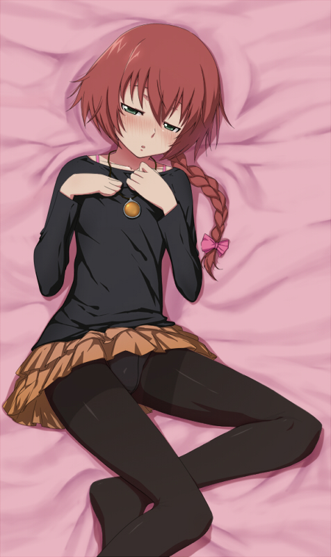 black_pantyhose blush bow braid darker_than_black flat_chest from_above green_eyes hair_bow hand_on_chest hands_on_own_chest jewelry kanna_asuke long_hair lowres lying necklace no_shoes on_back panties panties_under_pantyhose pantyhose pantyshot pantyshot_(lying) red_hair redhead single_braid skirt solo suou_pavlichenko underwear upskirt