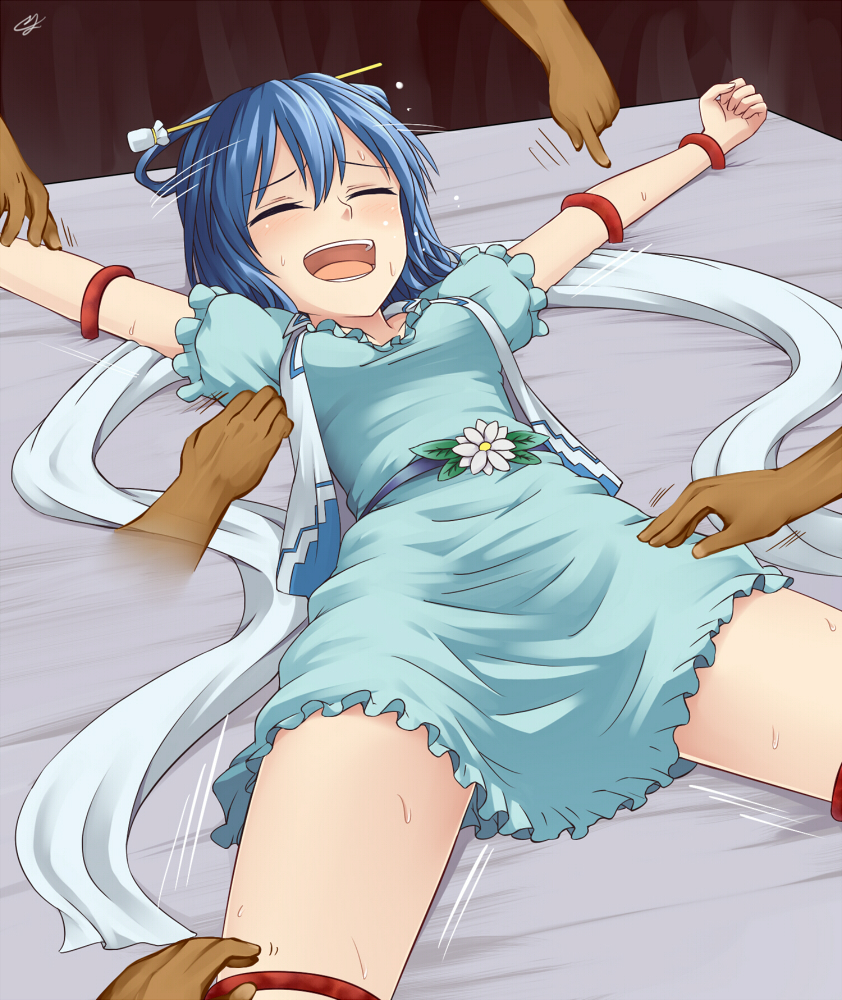 1girl ^_^ blue_dress blue_hair closed_eyes dress hair_ornament hair_rings hair_stick kaku_seiga laughing miyo_(ranthath) open_mouth outstretched_arms shawl short_hair smile solo_focus tickle_torture tickling touhou vest