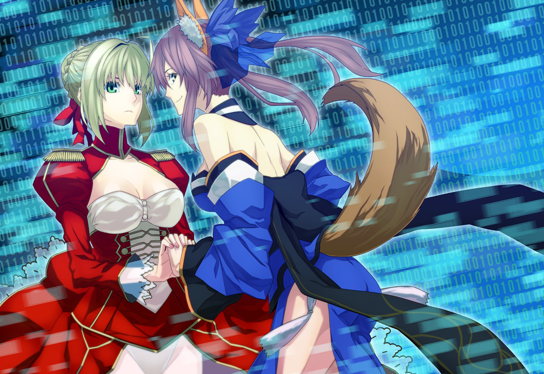 2girls animal_ears binary breasts caster_(fate/extra) dress epaulettes fate/extra fate/stay_night fate_(series) fox_ears fox_tail holding_hands japanese_clothes multiple_girls nero_claudius_(fate)_(all) number saber_extra sami_(artist) sami_(object_dump) tail tamamo_no_mae_(fate) yuri