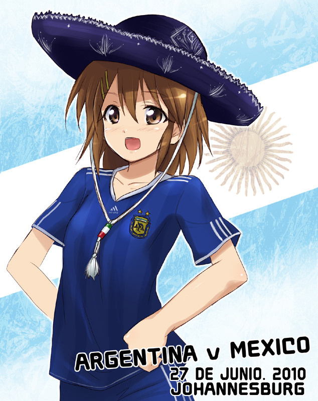 1girl 2010_fifa_world_cup adidas argentina brown_eyes brown_hair fifa fifa_world_cup hat hirasawa_yui hobunsha k-on! kaiga kyoto_animation mexico product_placement short_hair soccer_uniform solo sombrero spanish spanish_commentary world_cup