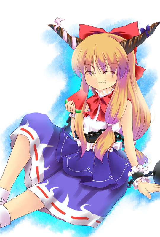 bow brown_hair chain cuff cuffs eating food fruit hair_bow hitsujibane_shinobu horns ibuki_suika orange_hair solo touhou watermelon