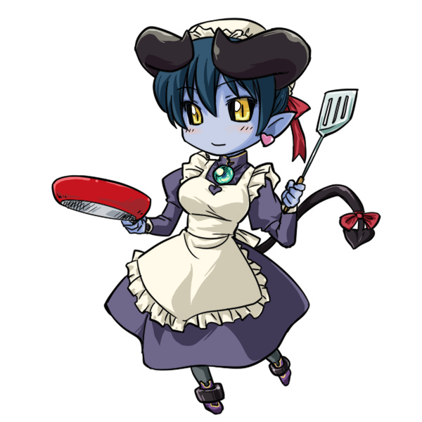 apron astaroth astaroth_(shinrabanshou) black_sclera blue_skin chibi enmaided frying_pan horns maid shinrabanshou solo tail