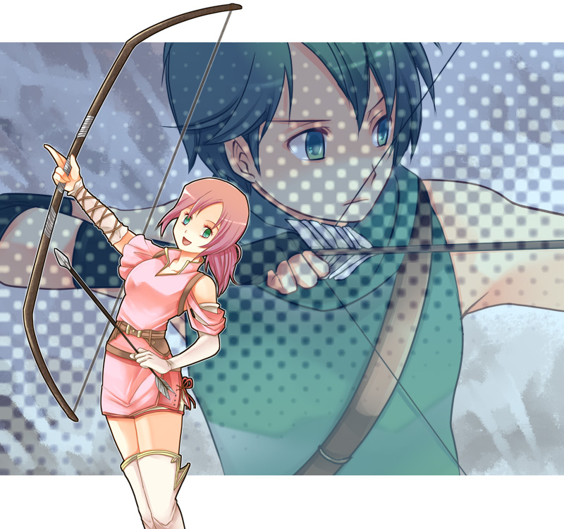 1girl archery arrow boots bow_(weapon) elbow_gloves fire_emblem fire_emblem:_mystery_of_the_emblem fire_emblem_mystery_of_the_emblem gloves gordon_(fire_emblem) green_eyes kariu norn_(fire_emblem) open_mouth pink_hair ponytail smile thigh-highs thigh_boots thighhighs weapon zettai_ryouiki