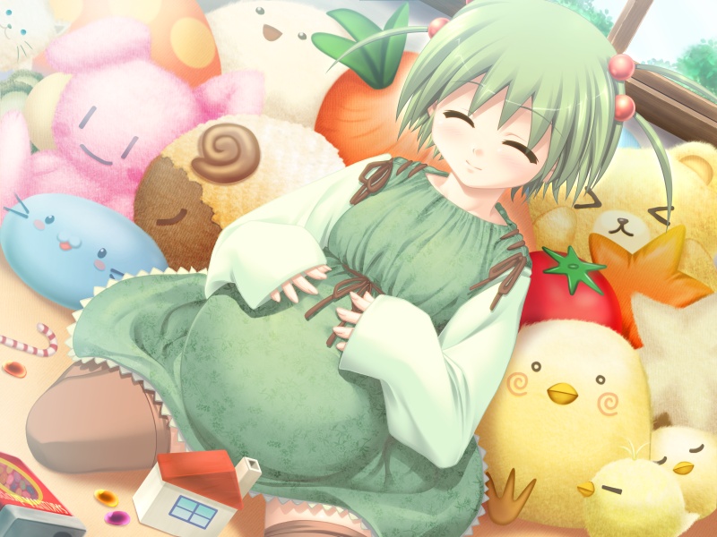 blush closed_eyes dress game_cg green_hair pregnant smile stuffed_animal twintails