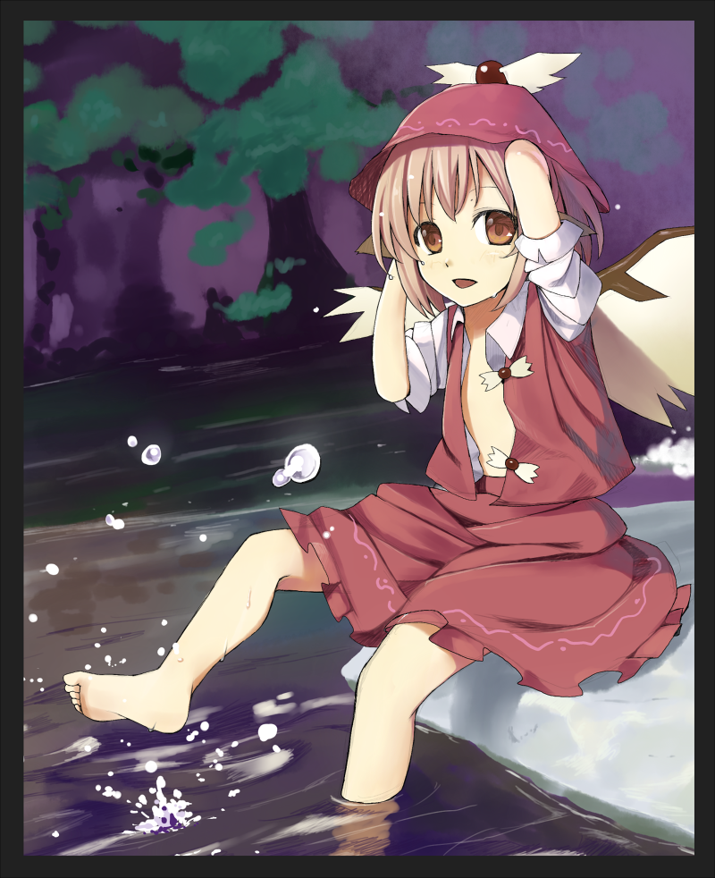 arms_up bad_id barefoot brown_eyes feet feet_in_water hat hidebo mystia_lorelei open_clothes open_shirt pink_hair river shirt short_hair sitting skirt soaking_feet solo splash touhou water wings