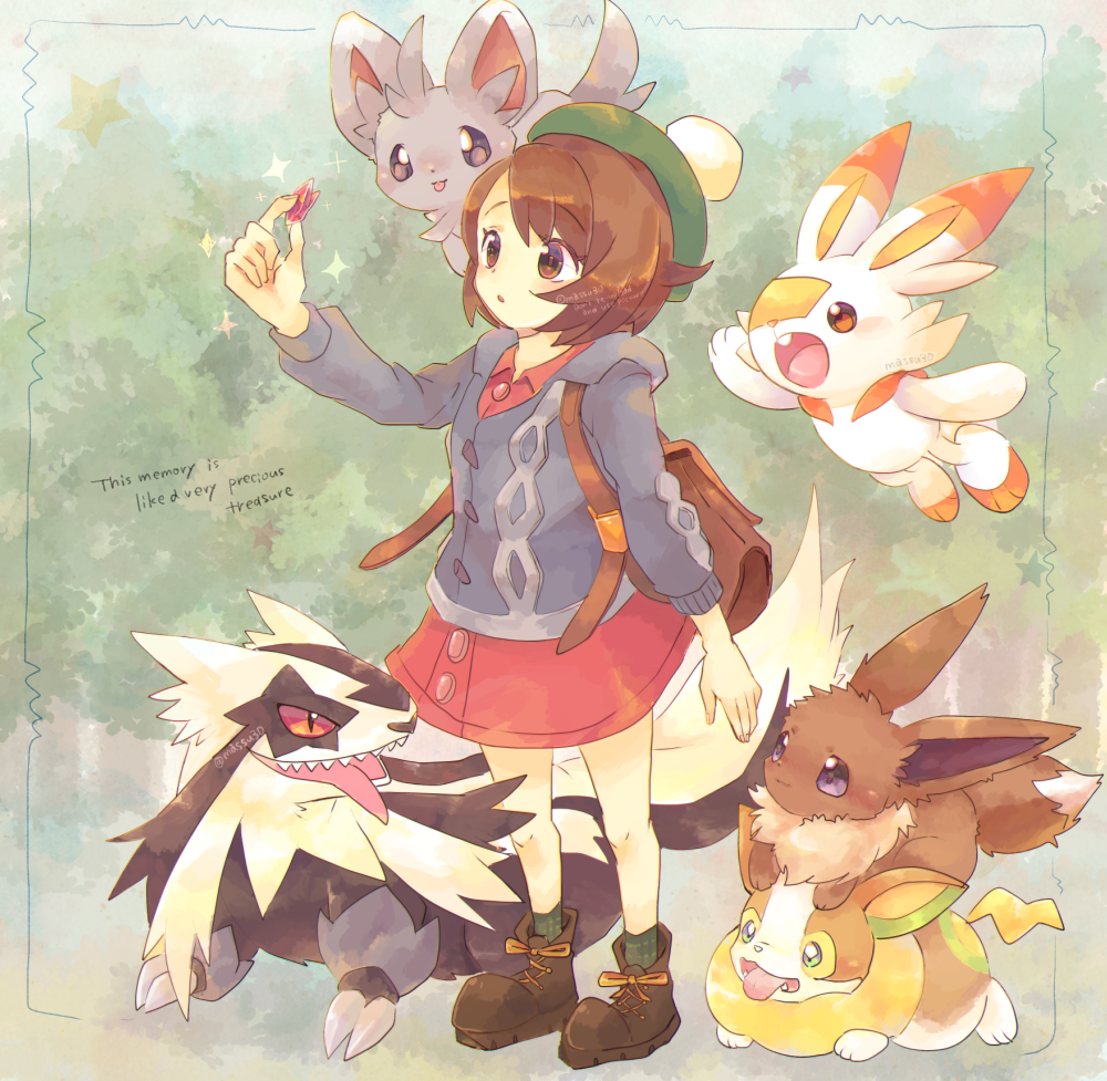 1girl backpack bag bob_cut boots brown_bag brown_eyes brown_footwear brown_hair buttons cable_knit cardigan collared_dress commentary_request dress eevee galarian_linoone gloria_(pokemon) green_headwear green_socks grey_cardigan hat holding hooded_cardigan knees minccino parted_lips pink_dress pokemon pokemon_(creature) pokemon_(game) pokemon_swsh roamo scorbunny short_hair socks sparkle standing tam_o'_shanter yamper