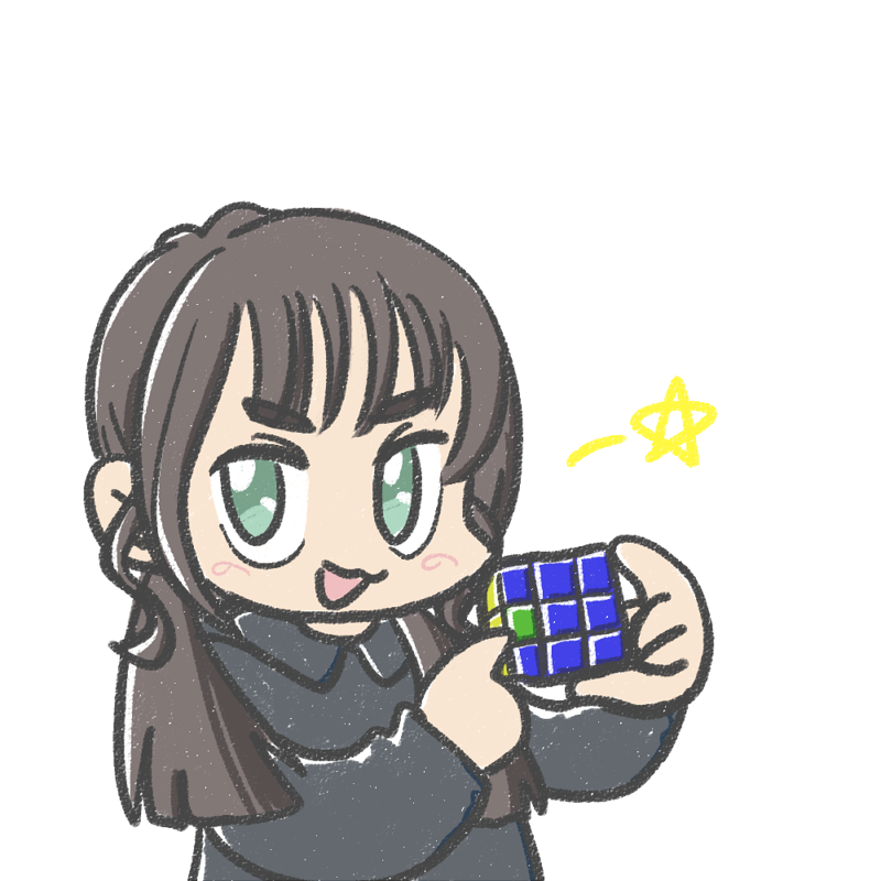 1girl :3 black_dress black_hair commentary_request dress ferret-san green_eyes holding long_hair low_twintails no_nose open_mouth original photo-referenced pointing rubik's_cube simple_background smile solo star_(symbol) twintails white_background