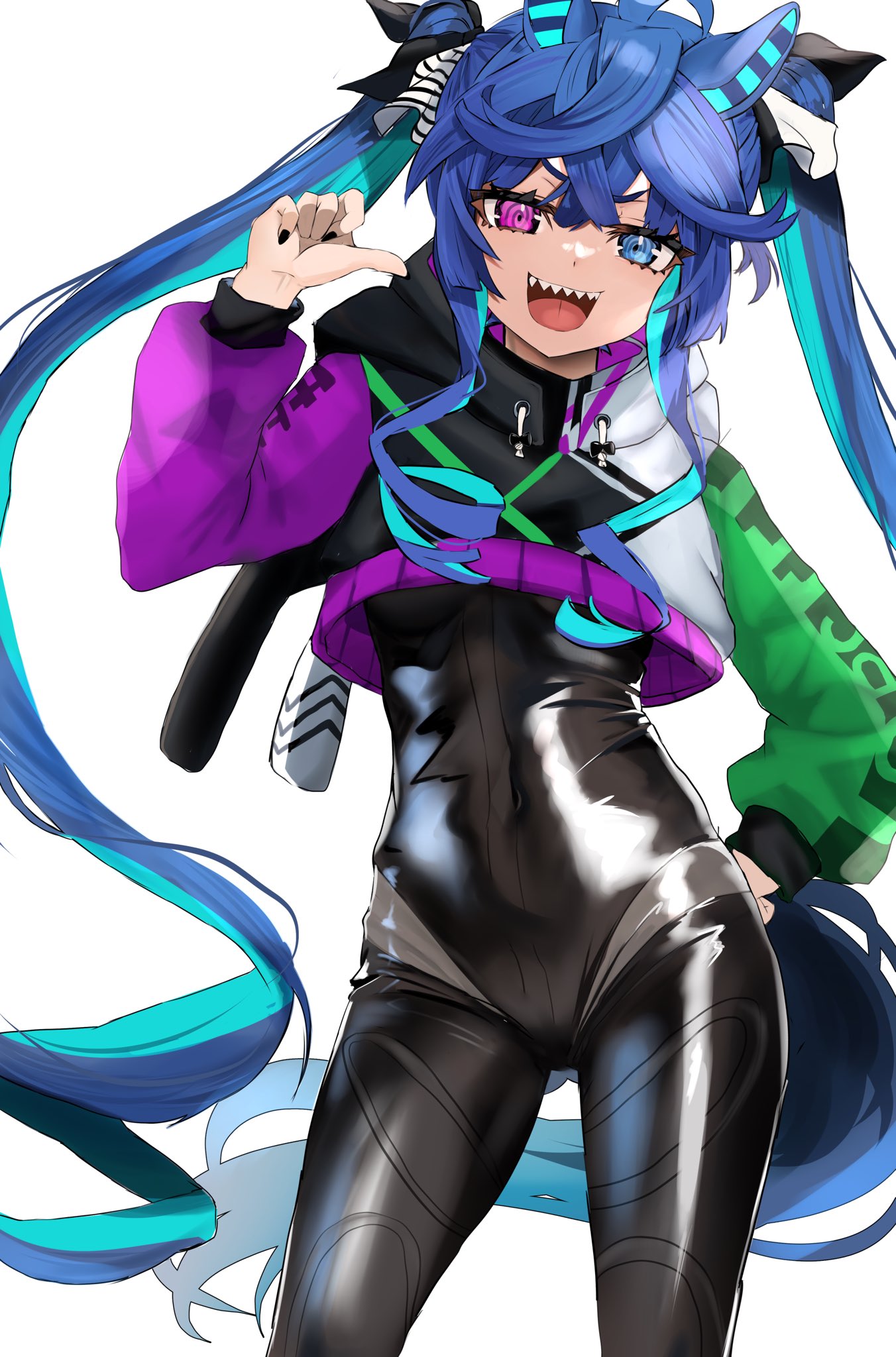 1girl @_@ ahoge animal_ears black_bodysuit black_nails blue_eyes blue_hair blush bodysuit hand_on_own_hip heterochromia highres horse_ears horse_girl horse_tail long_hair long_sleeves looking_at_viewer multicolored_hair open_mouth pink_eyes sharp_teeth shiny_clothes smile solo tail teeth toa510 tongue twin_turbo_(umamusume) twintails umamusume