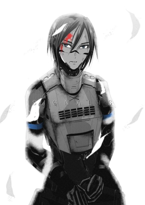 1girl androgynous android armor artist_request black_hair blood blood_on_face chest_armor elster_(signalis) expressionless looking_at_viewer mechanical_parts metal_skin non-web_source robot_girl science_fiction short_hair signalis source_request uniform white_armor