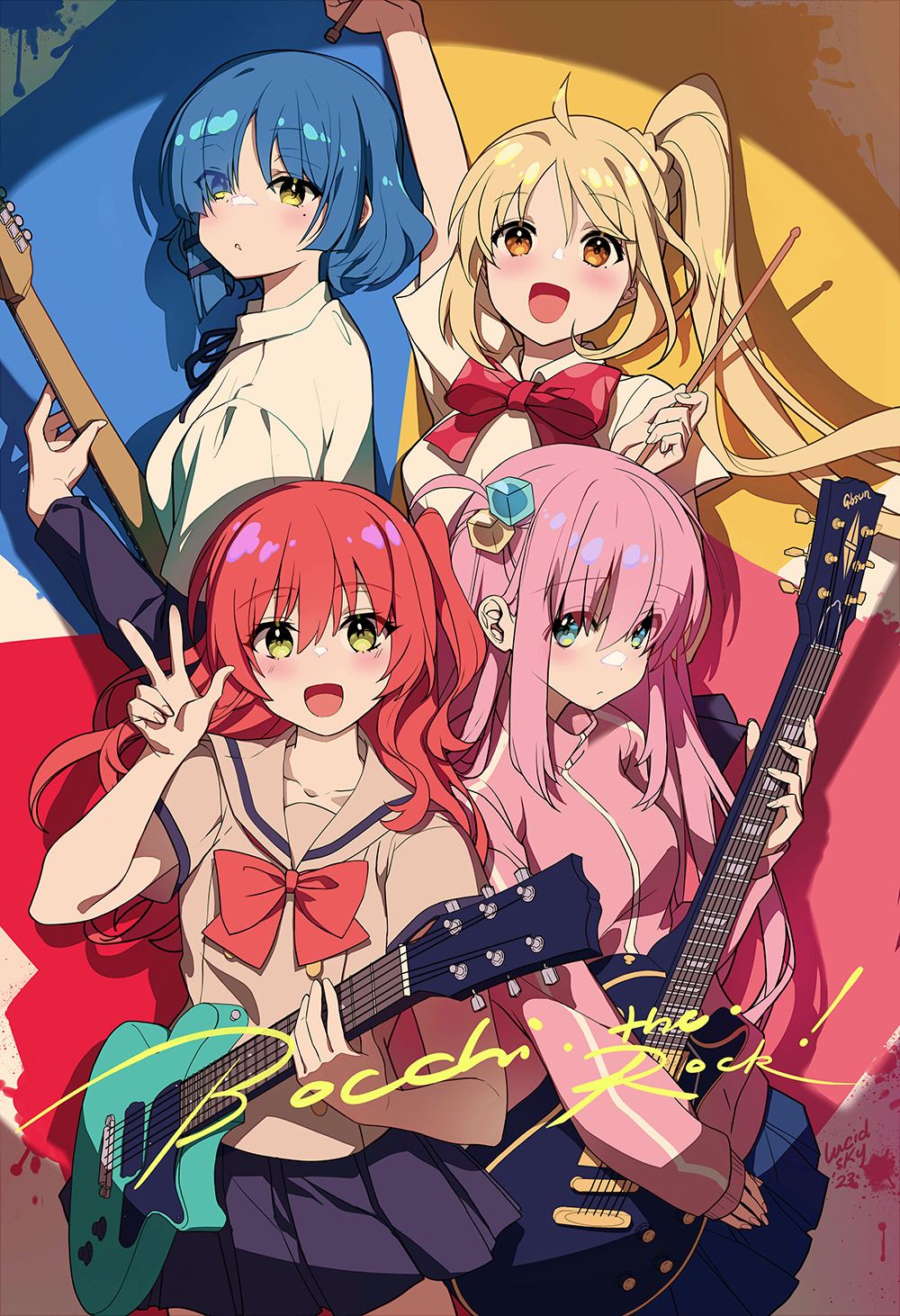 4girls :d ahoge aqua_eyes arm_up black_ribbon black_skirt blonde_hair blue_hair blue_skirt blunt_bangs blush bocchi_the_rock! bow bowtie brown_sailor_collar brown_shirt buttons closed_mouth collared_jacket collared_shirt cube_hair_ornament double-breasted drumsticks eyes_visible_through_hair fingernails gotoh_hitori green_eyes hair_ornament hairclip hand_up highres holding holding_drumsticks holding_guitar ijichi_nijika jacket kita_ikuyo layered_sleeves long_hair long_sleeves looking_at_viewer lucidsky miniskirt mole mole_under_eye multiple_girls neck_ribbon one_side_up open_mouth orange_eyes parted_bangs parted_lips pink_hair pink_jacket pleated_skirt polka_dot_bowtie red_bow red_bowtie redhead ribbon sailor_collar sailor_shirt shirt short_hair short_over_long_sleeves short_sleeves side_ponytail sidelocks single_vertical_stripe skirt smile track_jacket v very_long_hair w white_shirt yamada_ryo yellow_eyes