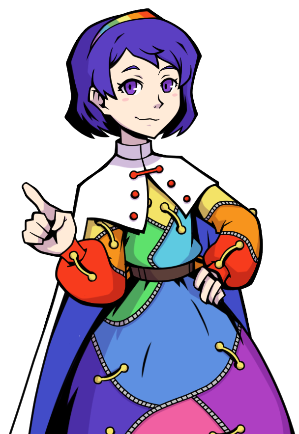 1girl :3 belt blue_cape brown_belt cape closed_mouth cowboy_shot dress hairband hand_on_own_hip hand_up index_finger_raised long_sleeves looking_at_viewer multicolored_clothes multicolored_dress parody puffy_long_sleeves puffy_sleeves purple_hair short_hair smile solo stitches style_parody subarashiki_kono_sekai teddytedbert tenkyuu_chimata touhou transparent_background two-sided_cape two-sided_fabric violet_eyes white_cape