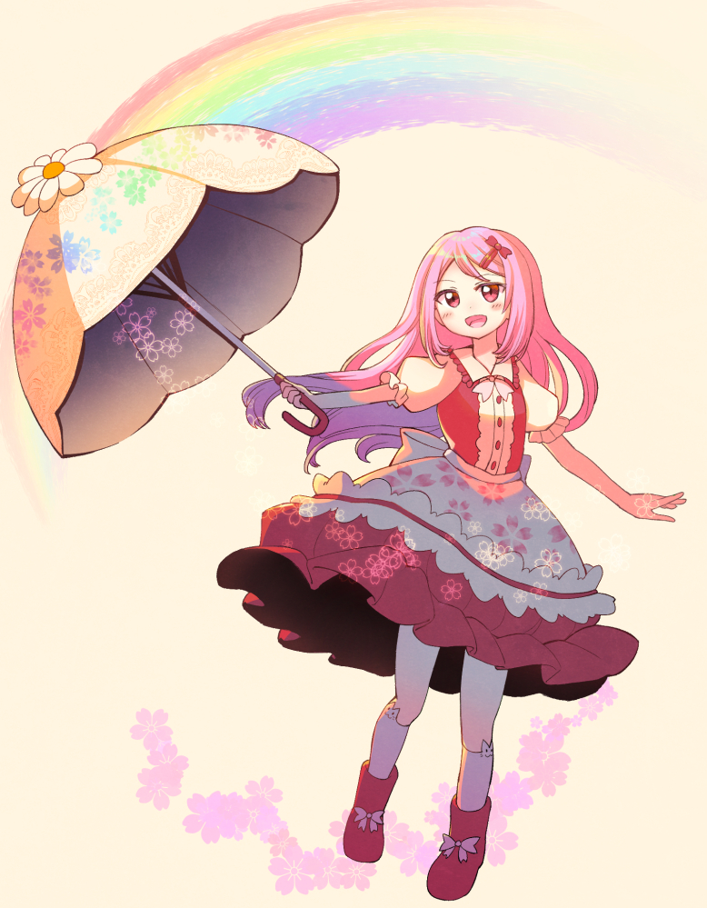 1girl animal_ear_legwear anmita_(rarutos) apron boots bow cat_ear_legwear character_request collared_shirt commentary copyright_request dress flat_chest footwear_ribbon frilled_dress frilled_sleeves frills full_body hair_bow holding holding_umbrella long_hair open_mouth parasol pink_eyes pink_hair pink_ribbon puffy_short_sleeves puffy_sleeves rainbow red_bow red_dress red_footwear ribbon shirt short_sleeves smile socks solo umbrella waist_apron white_apron white_shirt white_socks