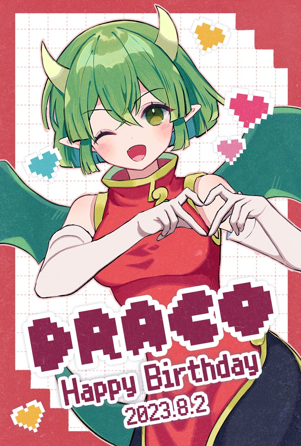 1girl blush character_name china_dress chinese_clothes dated draco_centauros dragon_girl dragon_horns dragon_tail dragon_wings dress elbow_gloves fang finger_heart gloves green_eyes green_hair green_wings happy_birthday heart highres horns kashima_miyako one_eye_closed pixel_art pointy_ears puyopuyo red_dress short_hair side_slit solo tail white_gloves wings yellow_horns
