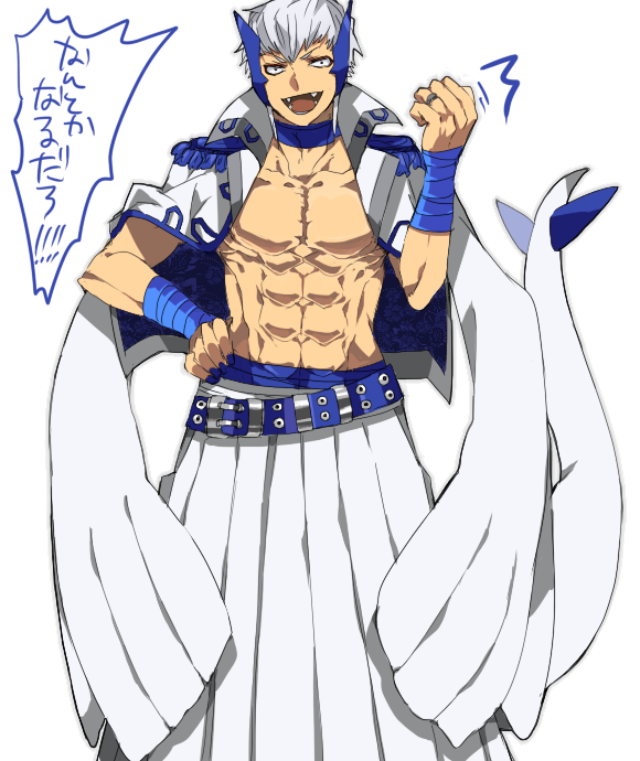 1boy :d abs blue_choker blue_nails choker clenched_hand fangs fingernails hakama japanese_clothes jewelry katagiri_hachigou lugia male_focus nail_polish open_mouth personification pokemon pokemon_tail ring short_hair simple_background smile tail teeth white_background white_hair white_hakama