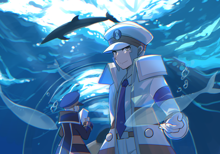 2boys air_bubble aquarium belt_buckle brothers bubble buckle commentary_request dolphin emmet_(pokemon) fish gloves grey_hair hat ingo_(pokemon) looking_at_viewer male_focus mizuiro123 multiple_boys peaked_cap pokemon pokemon_(game) pokemon_bw siblings smile twins white_gloves