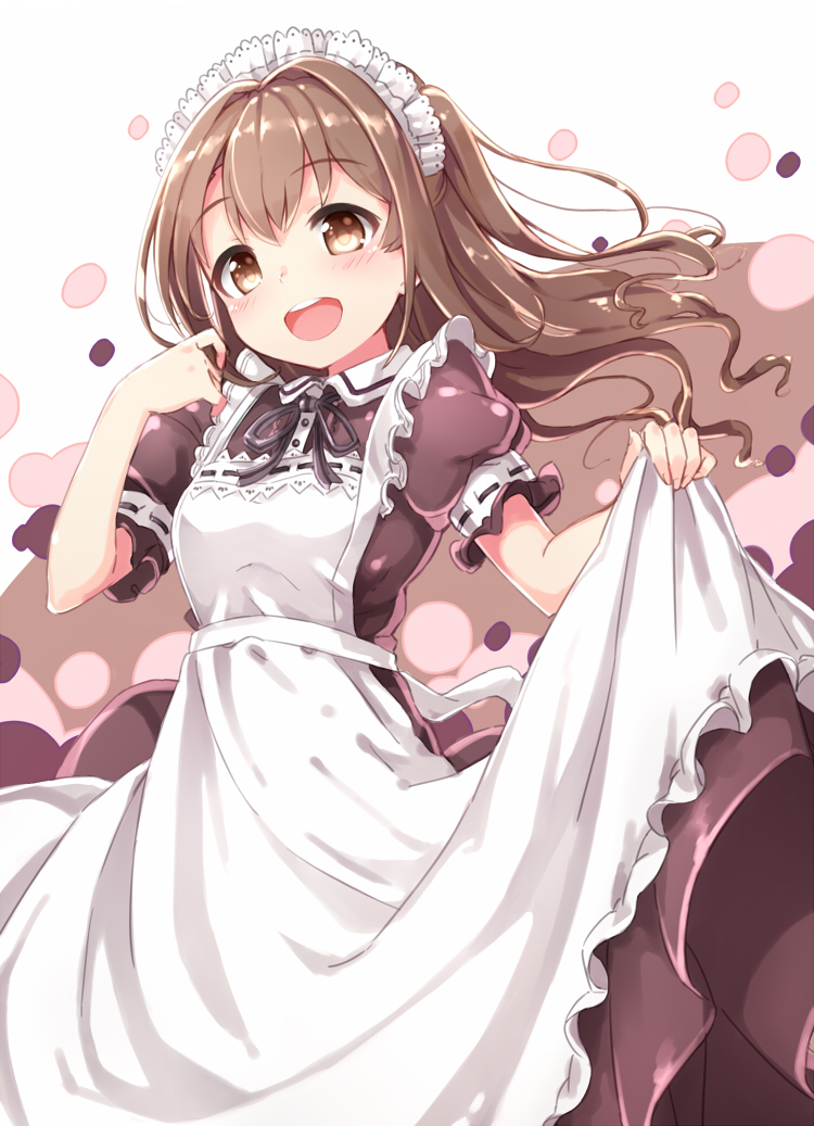 1girl apron black_ribbon blush bow breasts brown_dress brown_eyes brown_hair dot_nose dress hands_up idolmaster idolmaster_cinderella_girls idolmaster_cinderella_girls_starlight_stage kuresuku_(lessons) long_hair looking_at_viewer maid_apron maid_headdress medium_breasts neck_ribbon one_side_up open_mouth ribbon shimamura_uzuki short_sleeves skirt_hold smile solo teeth two-tone_background upper_teeth_only waist_bow white_apron white_bow
