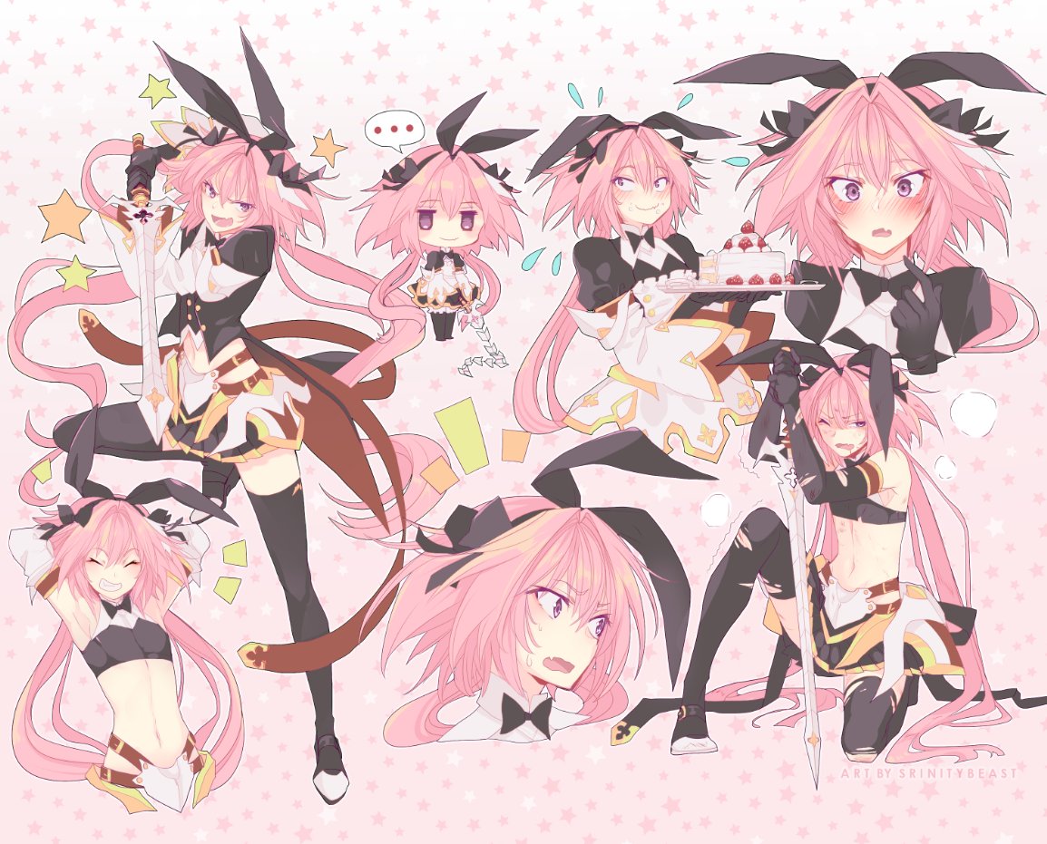 1boy animal_ears astolfo_(fate) astolfo_(saber)_(fate) astolfo_(saber)_(third_ascension)_(fate) black_bow blush bow fake_animal_ears fang fate/apocrypha fate/grand_order fate_(series) hair_intakes long_hair male_focus multicolored_hair otoko_no_ko pink_hair skirt srinitybeast streaked_hair sword thigh-highs violet_eyes weapon