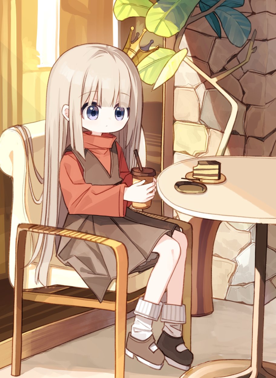 1girl blue_eyes brown_dress brown_footwear cake cake_slice closed_mouth commentary_request crown cup disposable_cup dress drinking_straw food grey_hair healer_girl_(yuuhagi_(amaretto-no-natsu)) high_collar highres holding holding_cup indoors long_hair long_sleeves mini_crown on_chair original plant plate pleated_dress red_shirt shirt shoes sitting sleeveless sleeveless_dress socks solo table tilted_headwear very_long_hair white_socks yuuhagi_(amaretto-no-natsu)