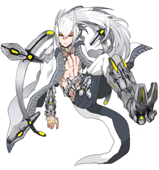1boy arceus boots closed_mouth epaulettes grey_footwear hair_between_eyes katagiri_hachigou knee_boots long_hair male_focus personification pokemon pokemon_tail simple_background tail topless_male white_background white_hair yellow_eyes