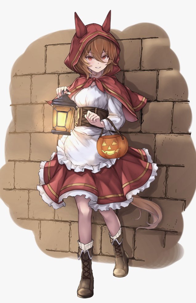 1girl agnes_tachyon_(umamusume) ahoge boots brown_footwear brown_hair capelet cosplay cross-laced_footwear full_body holding_lamp hood hooded_capelet horse_girl jack-o'-lantern lace-up_boots little_red_riding_hood little_red_riding_hood_(grimm) little_red_riding_hood_(grimm)_(cosplay) messy_hair peperoncino-sama red_capelet red_eyes red_hood short_hair smile solo umamusume